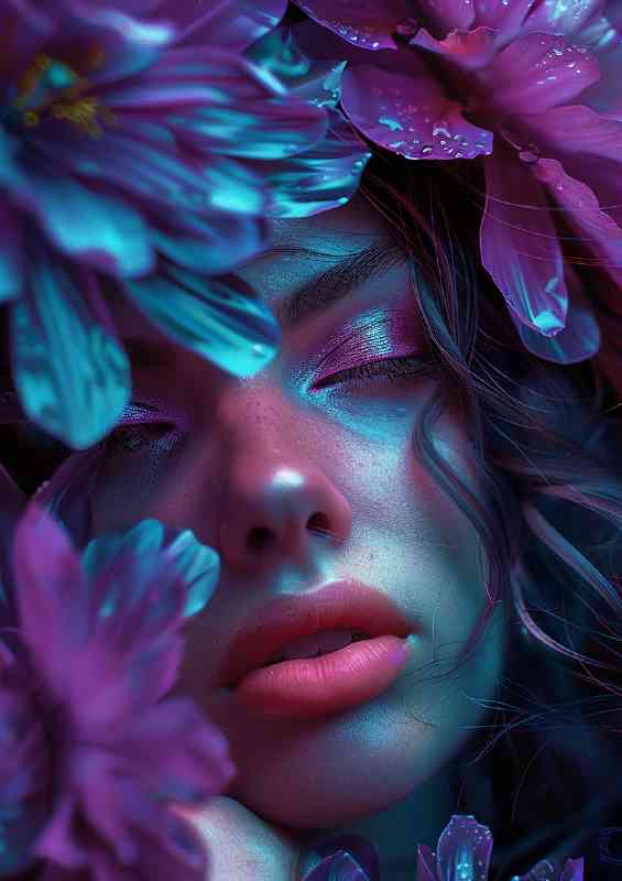 Woman with large petals on her head purples