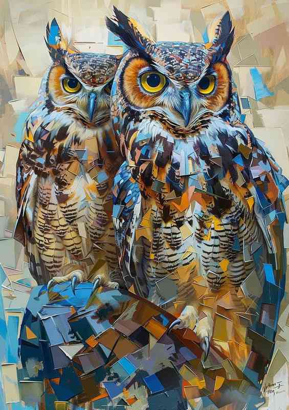 A Painted style of long eared Owls | Metal Poster