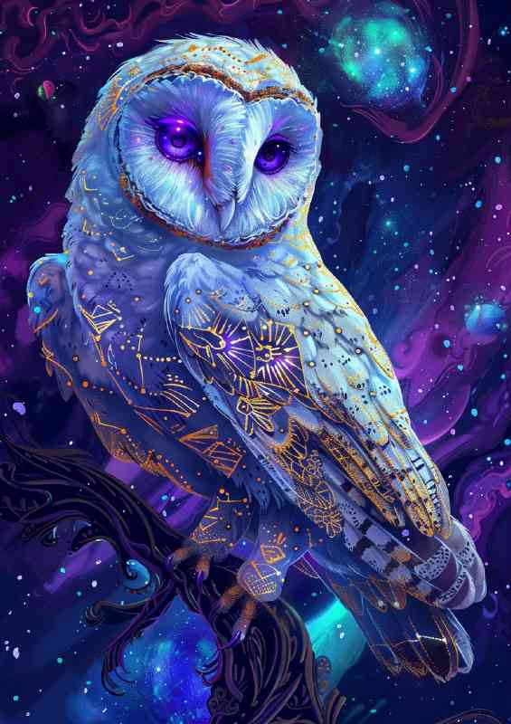 A beautiful white owl with iridescent purple and blue