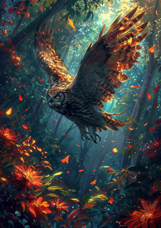 A flying owl in the forrest