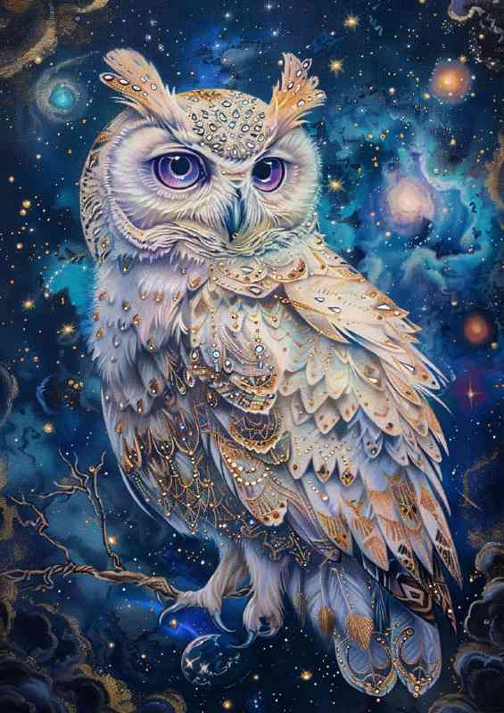 A stunning beautiful owl with white feathers ornate