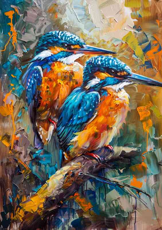 Art painting of two kingfishers on the branch | Metal Poster