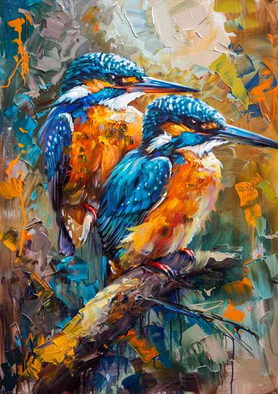 Art painting of two kingfishers on the branch