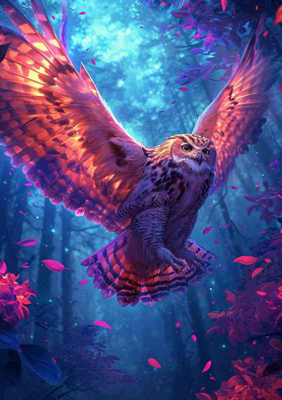 Beautiful colorful illustration of an owl flying