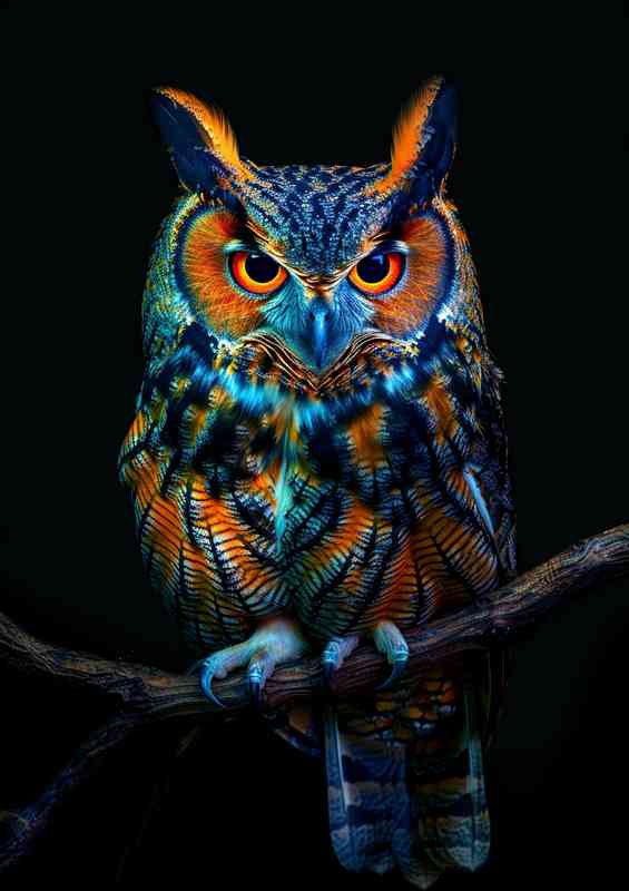 Colorful Owl perched on a branch black background