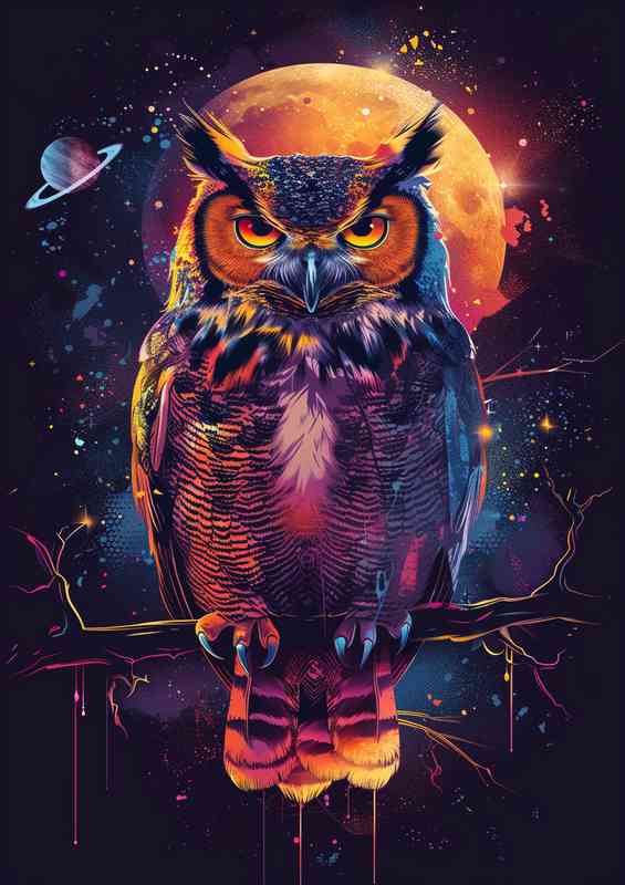 Colourful Owl sitting in space enviroment