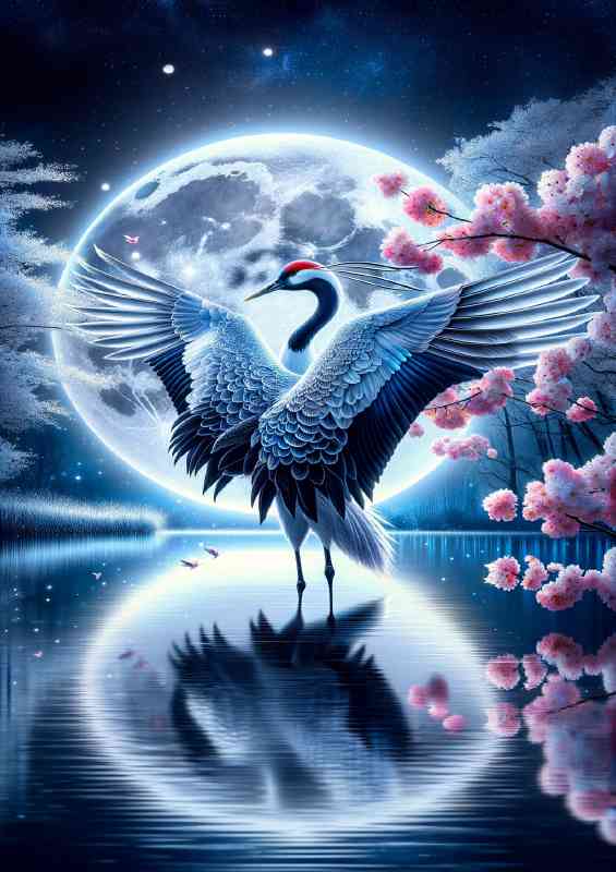 Crane standing by a moonlit pond its feathers intricately patterned
