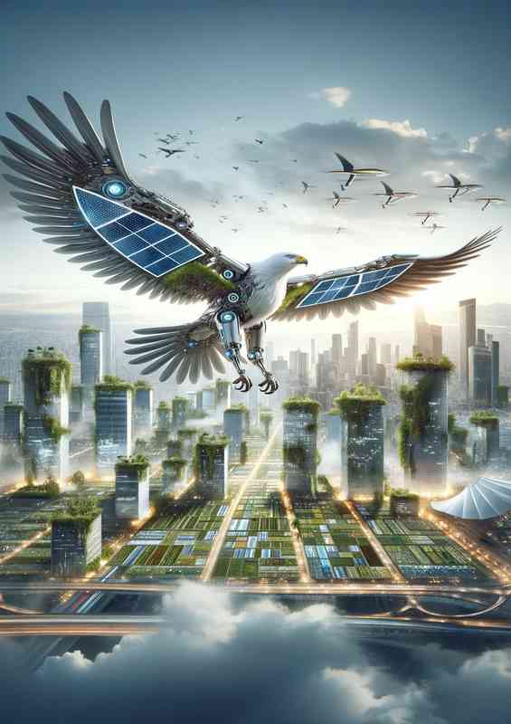 Eagle soaring above a futuristic cityscape