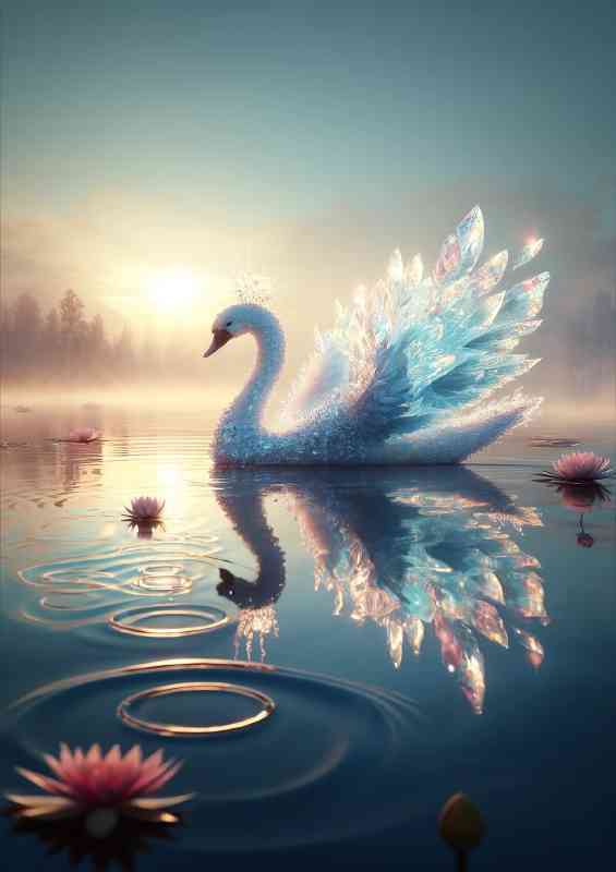 Ethereal Swan shimmering crystals floating on a misty lake