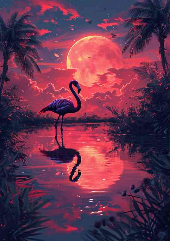 Flamingo at night in the lake