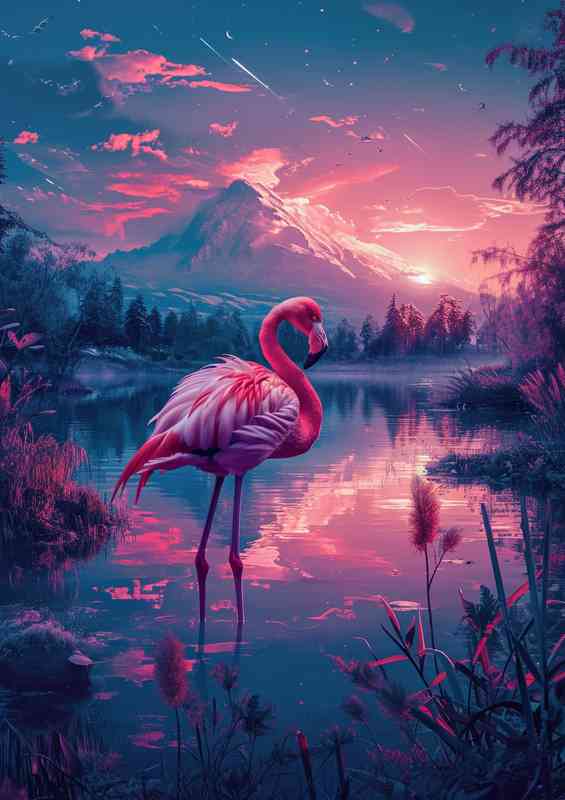 Flamingo by the mountains