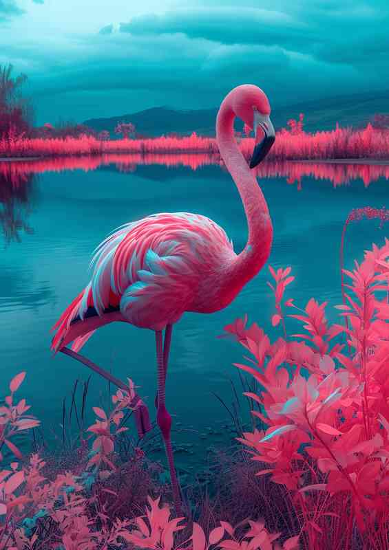 Flamingo in a field by a lake neon