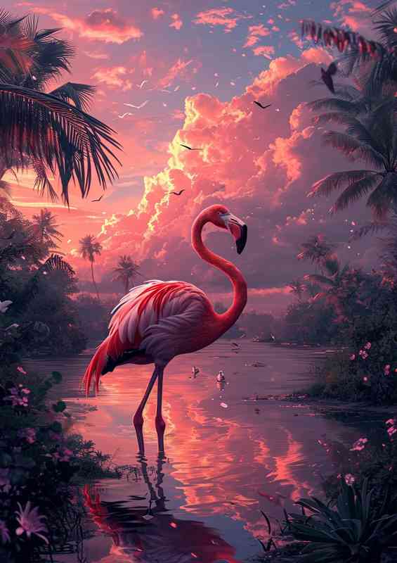 Flamingo in the pink lake