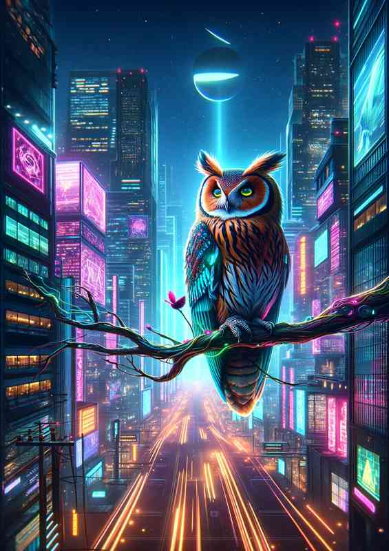 Futuristic owl on a neon lit branch