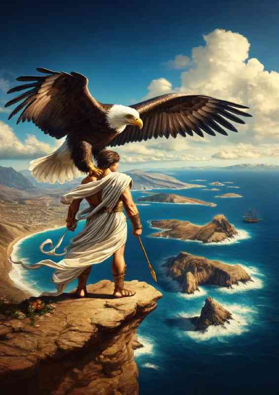 Greek hero with a majestic eagle standing on the edge of a cliff