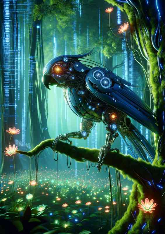 Mechanical parrot perched on a glowing digital tree branch