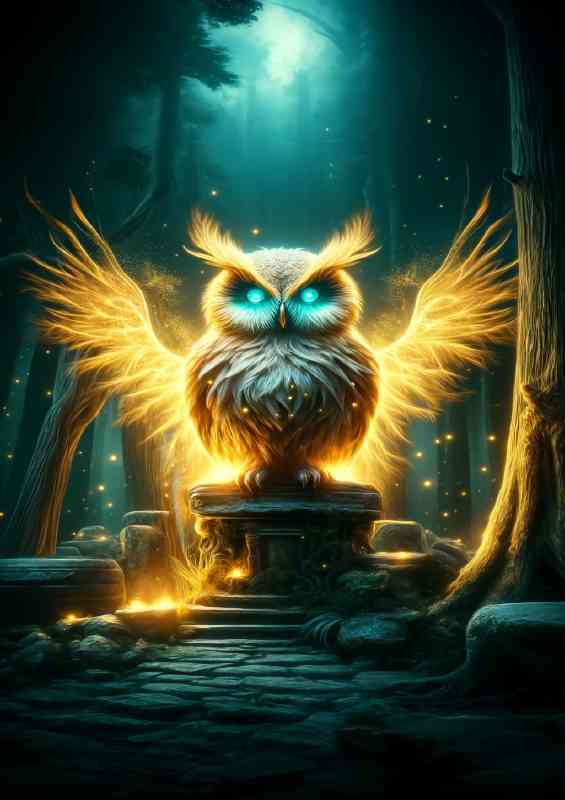 Mythical Owl with glowing golden feathers perched in a twilight forest | Metal Poster