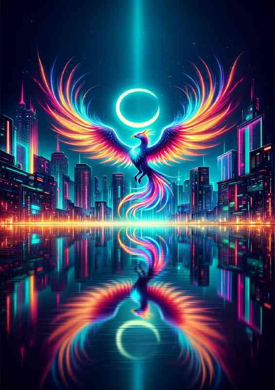 Neon Phoenix its wings spread wide as it flies over a futuristic city