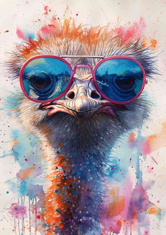 Ostrich wearing colorful glasses in watercolor