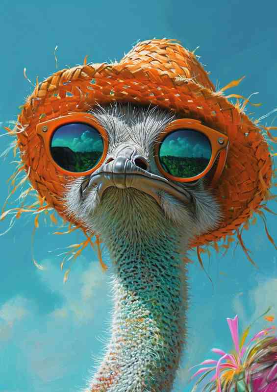 Ostrich wearing sunglasses and hat