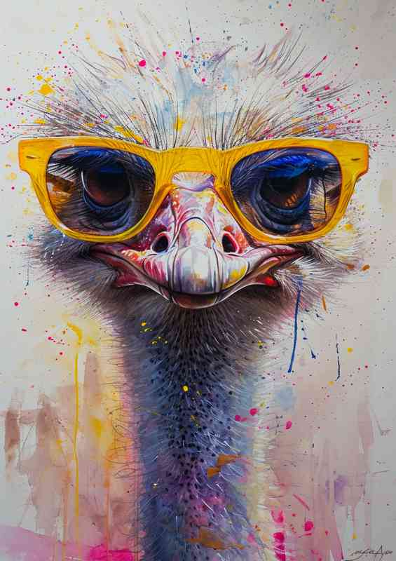 Ostrich with yellow glasses on his face