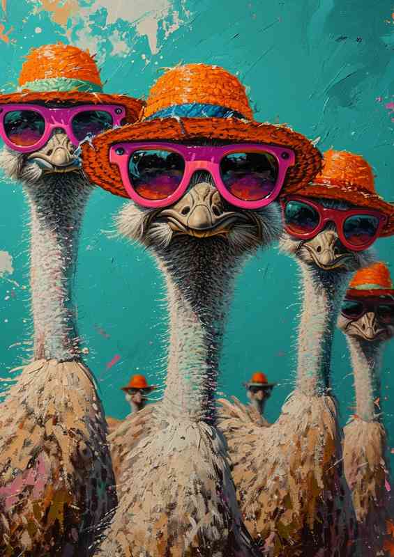 Ostriches wearing sunglasses and hats