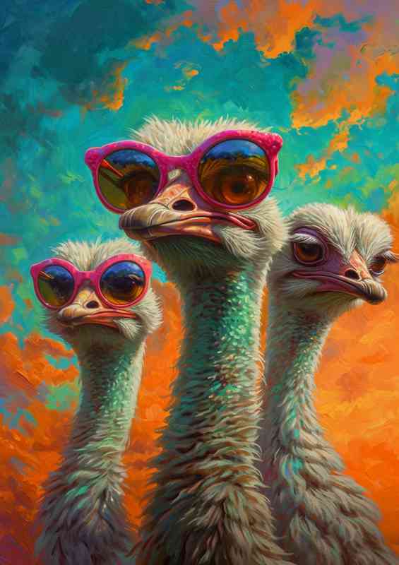 Ostriches with red sunglasses in the sun