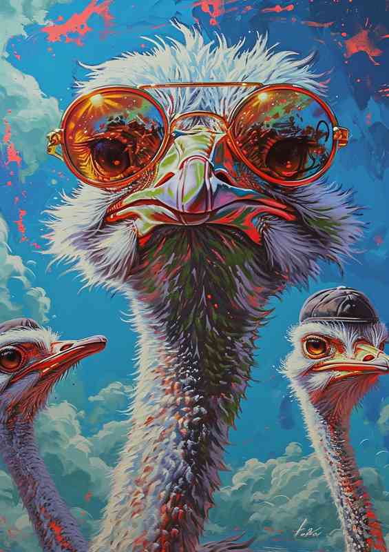 Ostriches with sunglasses blue sky