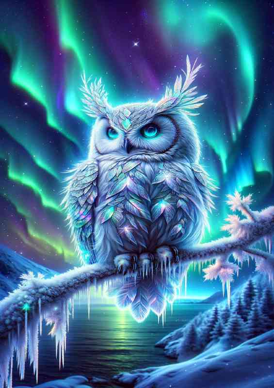 Owl adorned with crystalline frost covered branch