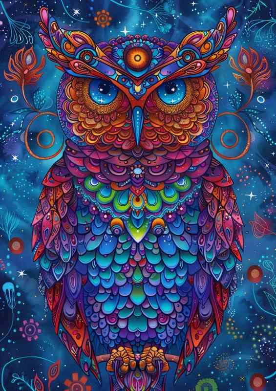 Owl in blue purple and red with a starry background