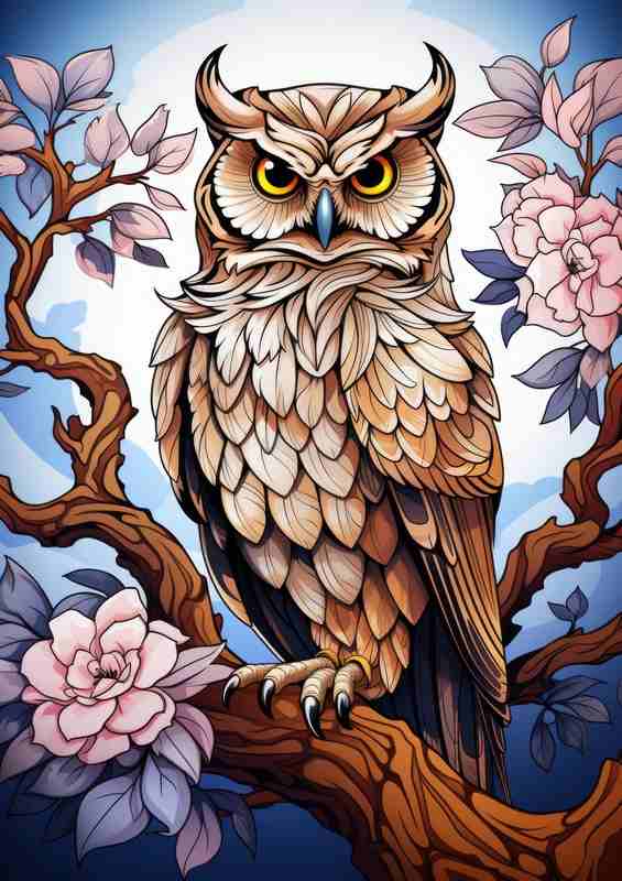 Owl on a flowering branch