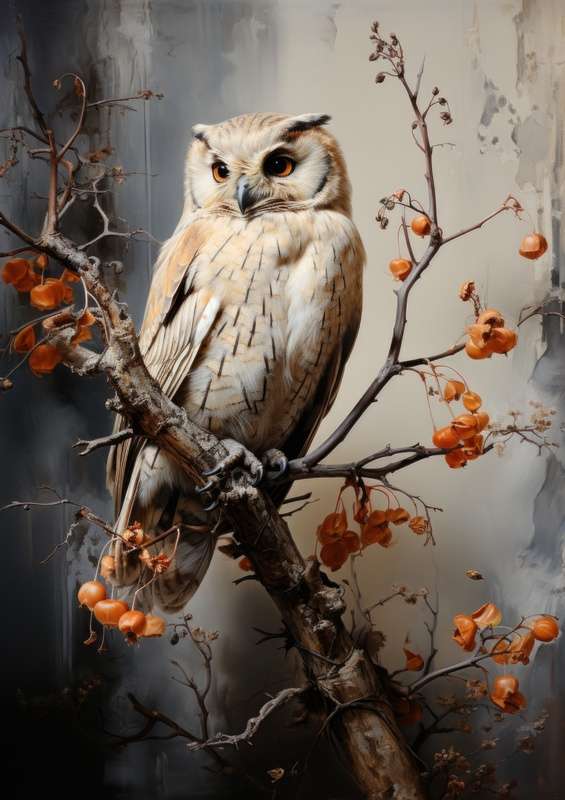 Owl with greys on a branch