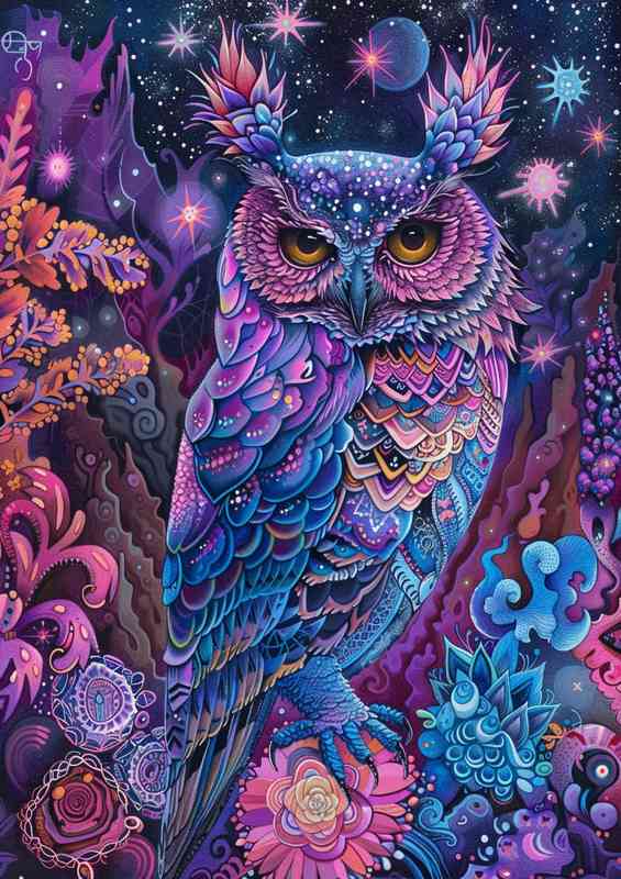 Painted style Owl with purlpe stars