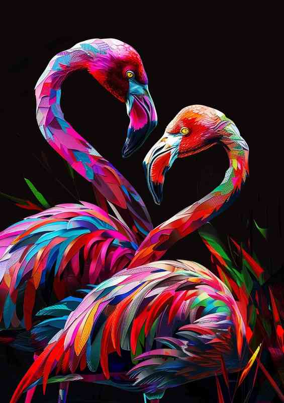 Painting of two colorful flamingos