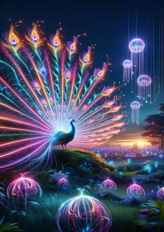 Peacock displaying its feathers in a neon lit garden at dusk