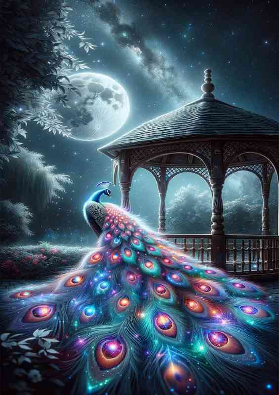 Peacock feathers adorned with vibrant cosmic patterns