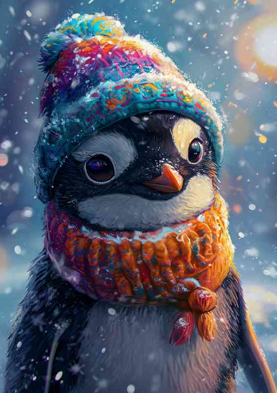 Penguin wearing a colorful hat in the rain
