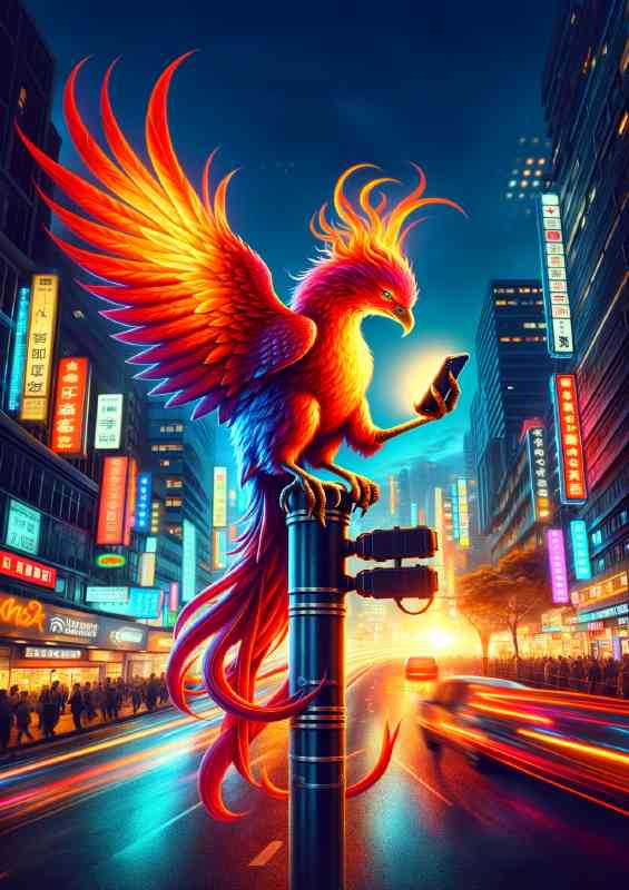 Phoenix brilliantly colored using a smartphone while perched on a busy city | Metal Poster