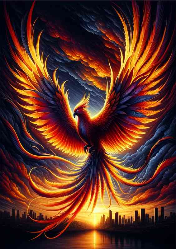 Phoenix in flight its tapestry of burning oranges and yellows