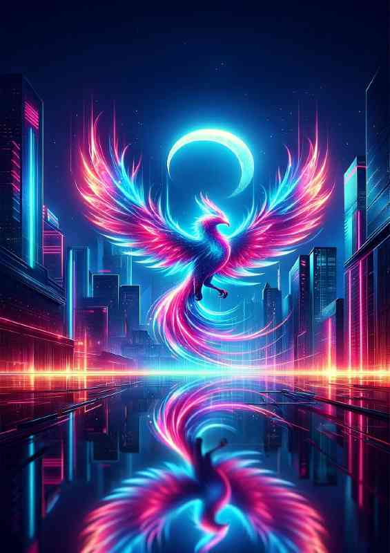 Phoenix soaring over a futuristic cityscape a crescent moon