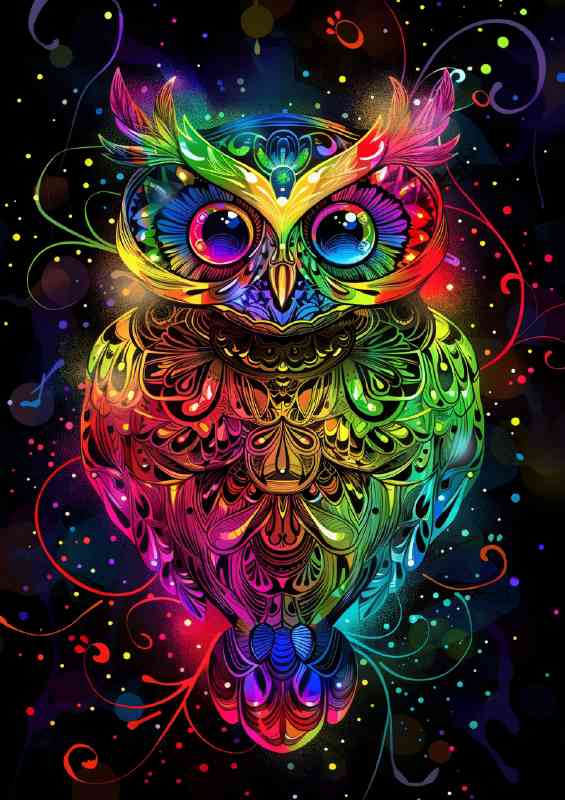 Rainbow Owl glitter and diamond dust swirls of color