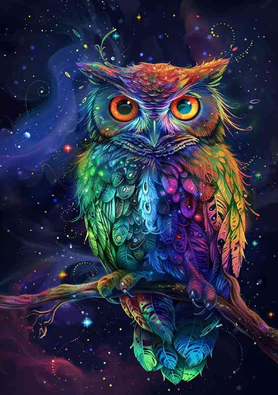 Rainbow feathers iridescent colors sitting Owl