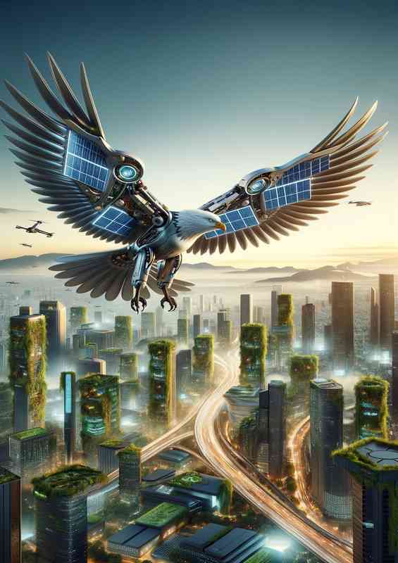 Robotic eagle soaring above a futuristic cityscape