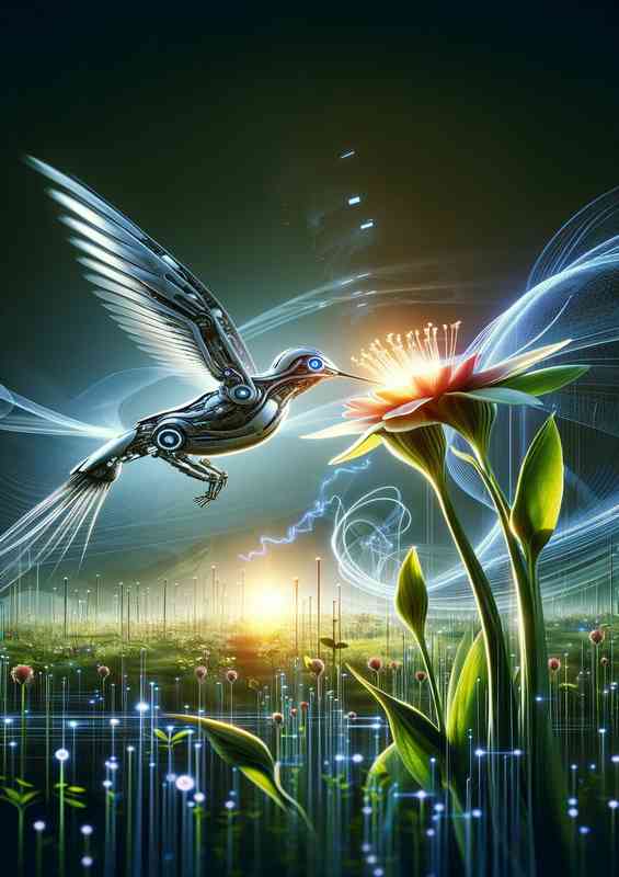 Robotic hummingbird collecting nectar from a high tech flower