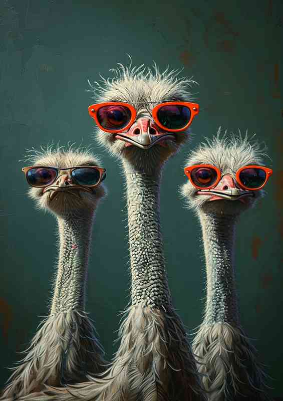 Three ostriches dressed in sunglasses