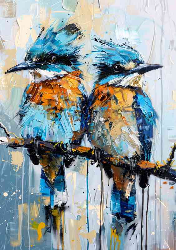 Two Kingfishers on a branch painted