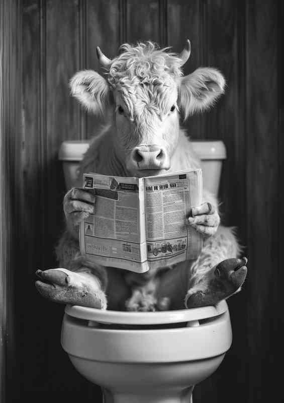 A cow seated on a toilet reading a paper
