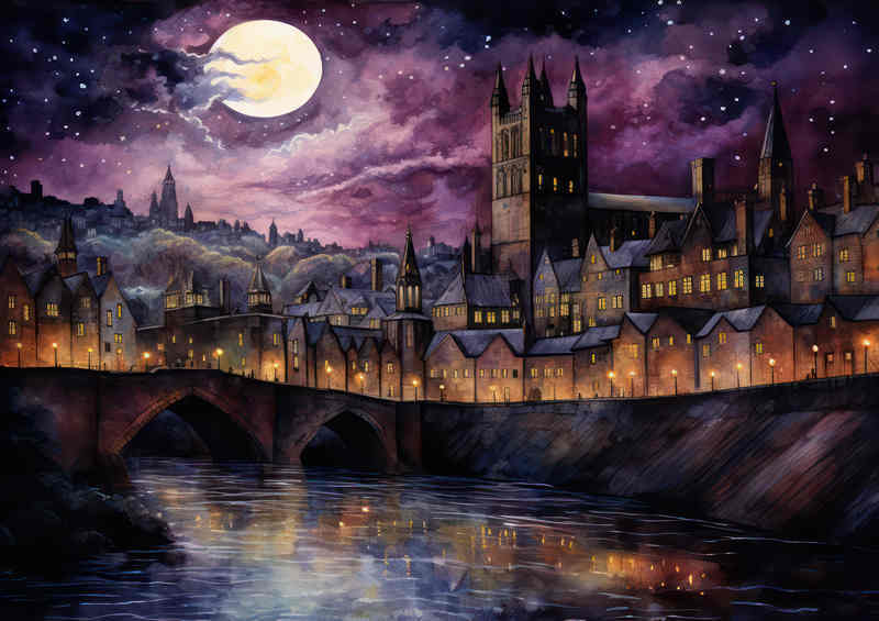 City of york at night with a purple sky and full moon