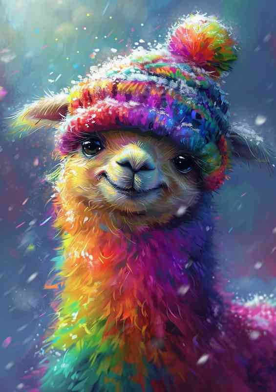 A cute llama laughing in a rainbow hat
