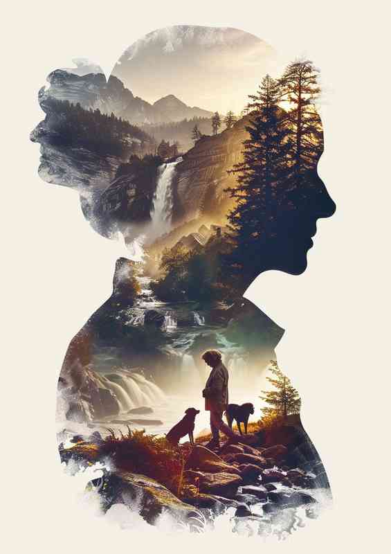 A double exposure the silhouette of a Lady and Dogs
